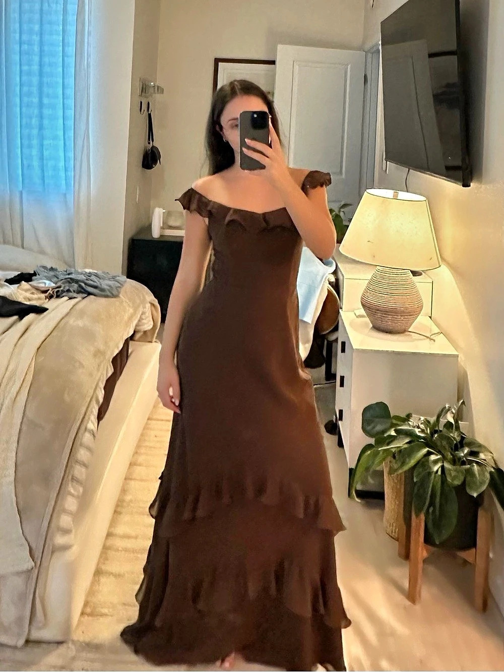 Birdy Grey Brown Ruffle Maxi Dress Like New
